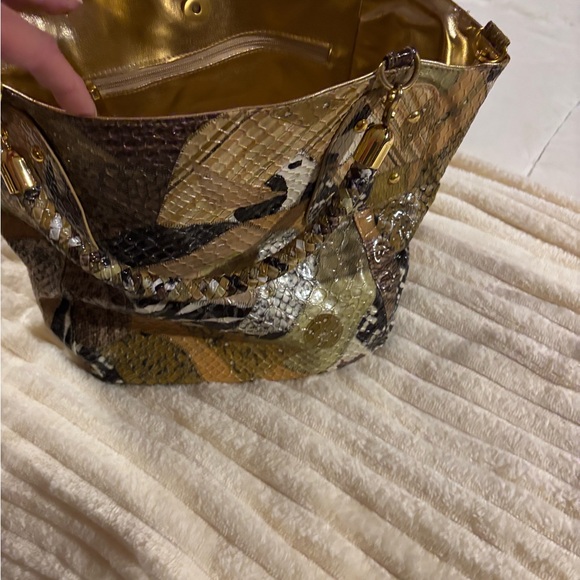 Braciano Gold and Tan Patchwork Snake-Embossed Tote - Picture 6 of 8